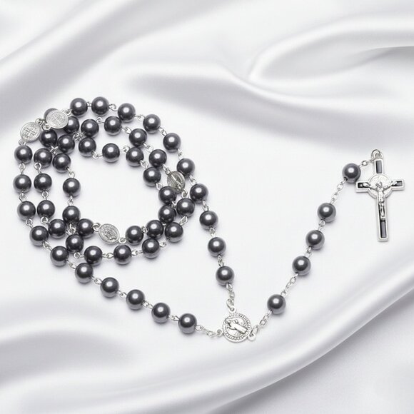 Hematite Beaded Catholic Rosary Prayer Crucifix Silver Tone Gothic Necklace NWOT - Picture 4 of 10